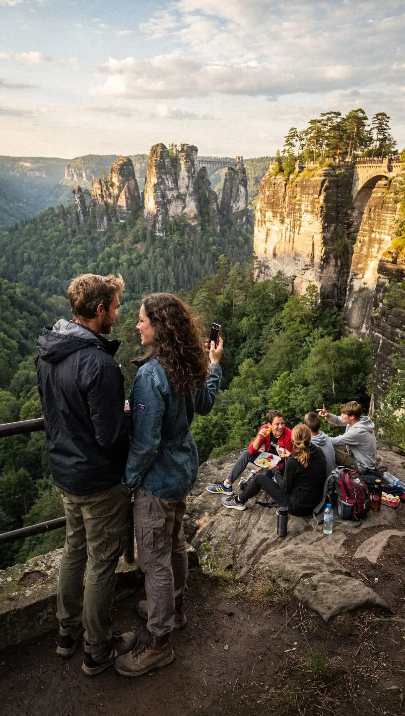 Aussichtspunkt mit barrierefreiem Zugang über sanfte Steigungen, Blick auf Deutschlands bewaldete Landschaft.